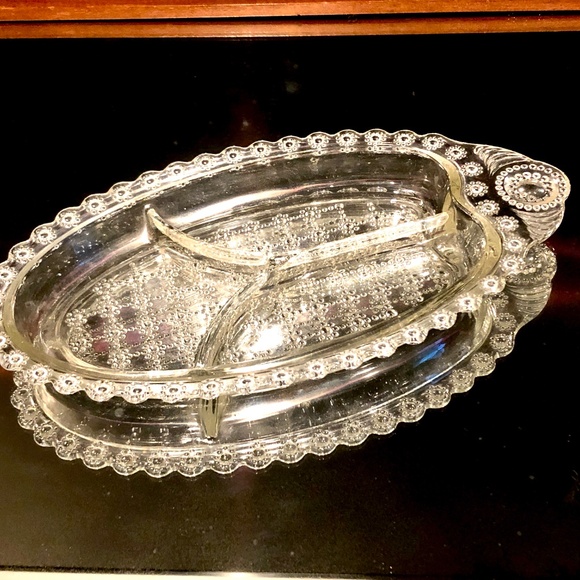 VTG Clear Pressed Glass Circles Dots Grid 3 Section Relish Condiment Candy Dish - Picture 2 of 9